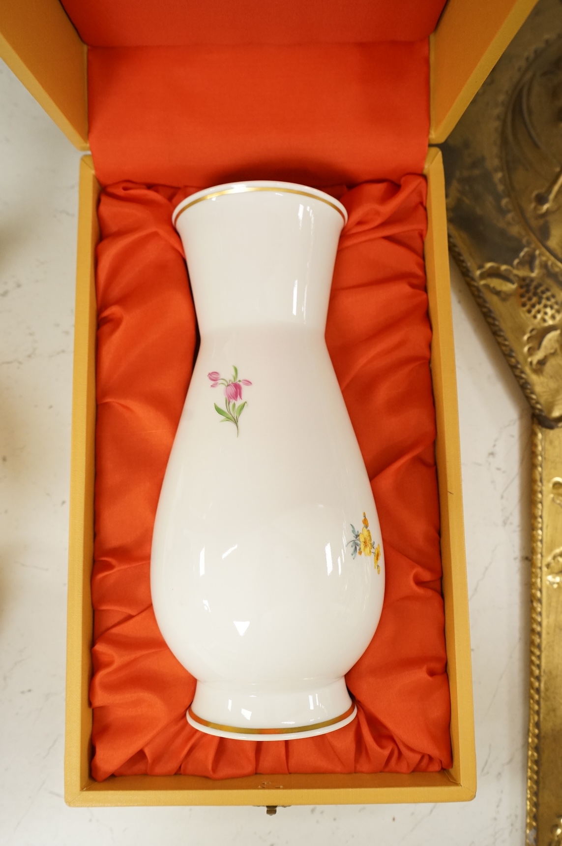 A pair of Bonn floral vases and covers, a modern Meissen vase, and an encrusted Sitzendorf vase, largest 35cm high